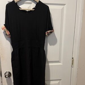 Burberry Black Midi Dress with Plaid Sleeves